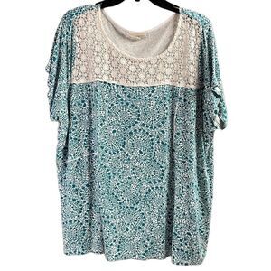 DEPT 222 Womens Plus Size 2X Blouse Teal  White White Floral Eyelet Lace